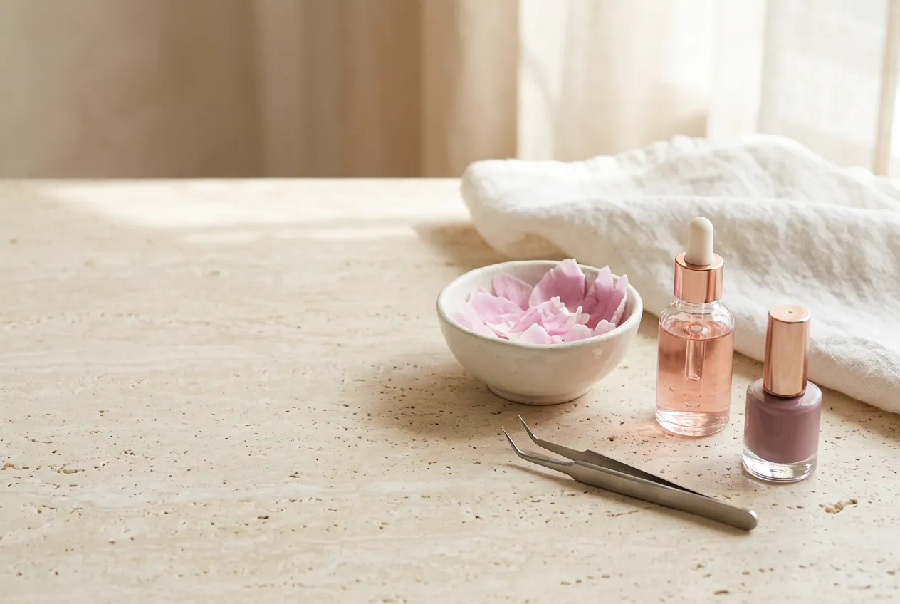 Pfingstrosenblüten, Serum und Wimpernpinzette auf hellem Travertin